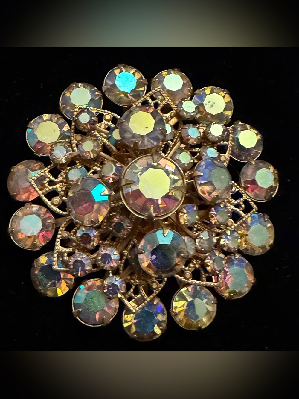 VTG 1950s Tiered Domed Aurora Borealis Rhinestone Statement Brooch Pin